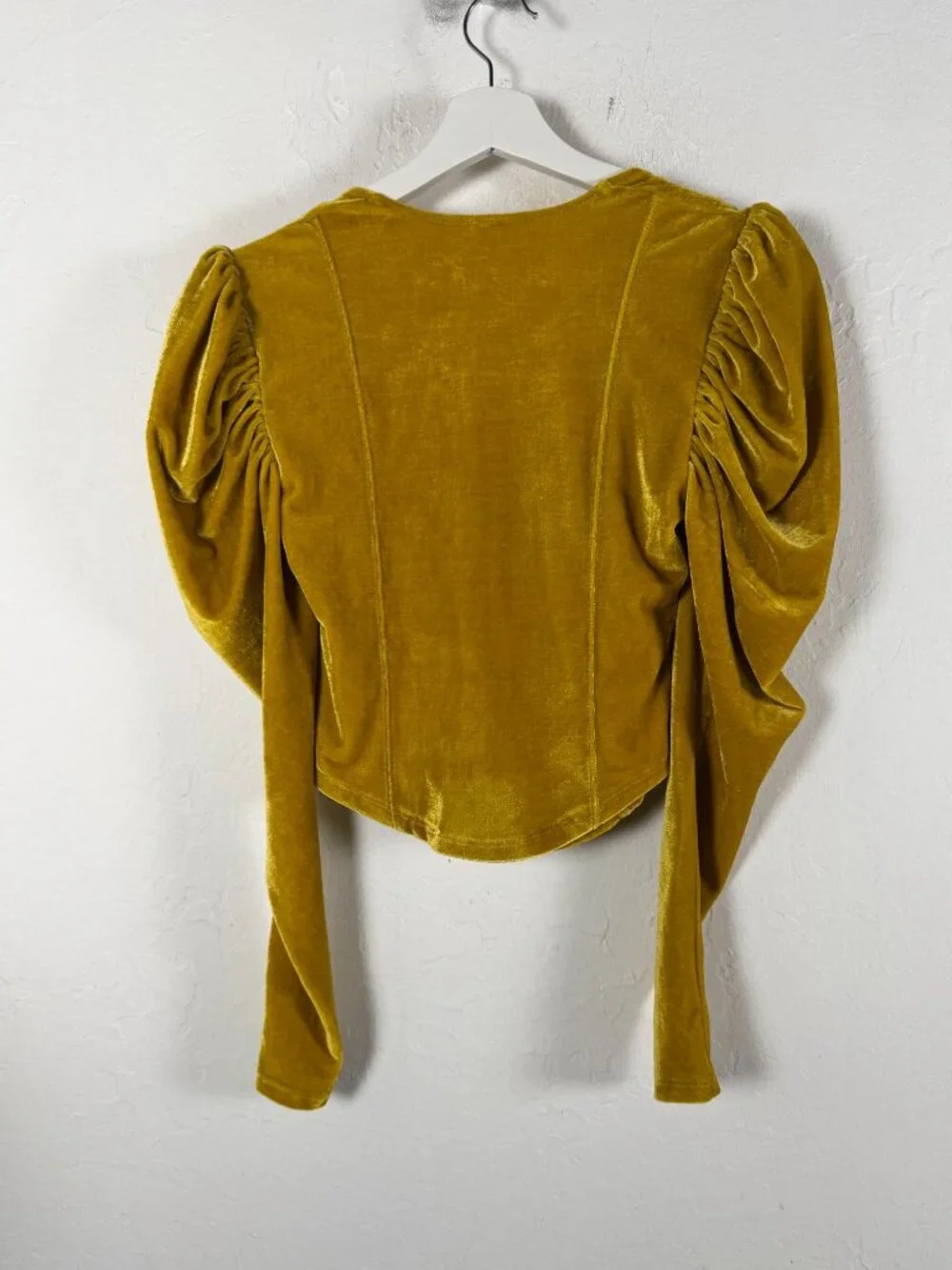 Free People Womens Hold Me Puff Sleeve Velvet Top XS Square Neck Ruched Mustard
